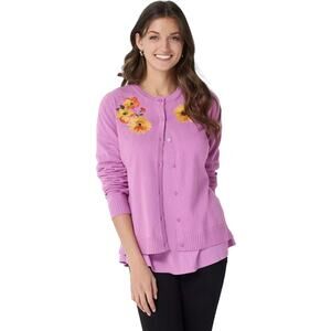 QVC Isaac Mizrahi Live! Floral Embroidered Cardigan Color Orchid Size L NWT